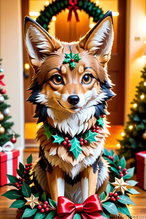 a (((tan and black and brown))) coyote with Christmas wreath in the background, Apoloniasxmasbox,xxmix_girl
