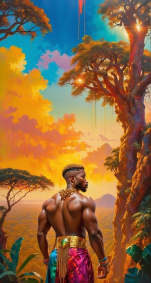Please create a masterpiece,  (((stunningly handsome African  man))), perfect face, short cut hair, light_brown_eyes, thick lips, epic love, full-body, very muscular build, small waist,  baobab tree, overlooking the jungle below, hyper-realistic oil painting,  vibrant colors, traditional african mans garment, gold chains,  multiple gold armbands and bracelets, biopunk,   dystopic,  golden light,  perfect composition, colorful sky, dripping paint,  