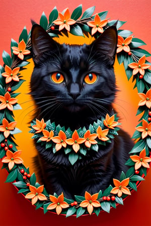 a all black cat with deep orange eyes wearing Christmas wreath,Apoloniasxmasbox,xxmix_girl