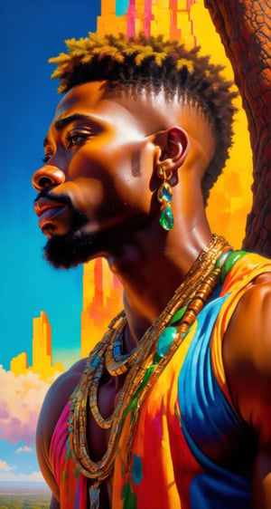 Please create a masterpiece,  (((stunningly beautiful African American man))), perfect face,  short hair, light_brown_eyes, thick lips, epic love, very muscula;r build baobab tree, overlooking the jungle below, hyper-realistic oil painting,  vibrant colors, traditional african mans garment, gold chains and bracelets,   biopunk,   dystopic,  golden light,  perfect composition, colorful sky, dripping paint,  