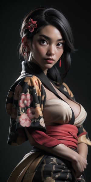 high quality, photorealistic, raw photo, photo portrait of beautiful black woman, samurai, flower in hair, kimono, normal breasts, (black face), red eyes, black hair, perfect lips, sakura, dynamic pose, masterpiece, cowboy shot, highly detailed, highres, japanese mountain background.
Professional photograph by Lee Jeffries.
Perfect light kn subject same as environment,cyberpunk robot
Vivid colours 