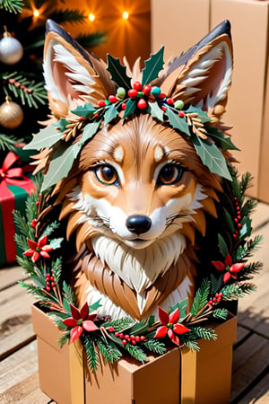 a (((tan and black and brown))) coyote wearing Christmas wreath,Apoloniasxmasbox,xxmix_girl