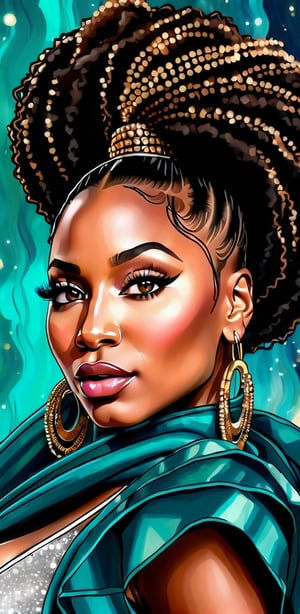 Portrait painting of a (((stunningly beautiful  black woman))), mix of nicki minaj and beyonce knowles, with hazel eyes and brown hair, close-up, 80mm digital photography, bokeh, beauty, flowy teal hair,  zoom from above, sharp focus on eyes, well blended colors,