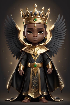 chibi, fullbody potrait of (((stunningly handsome african black man))), wearing muslim 2 piece kinte cloth garment, with a gold crown with diamonds,
 sitting on a thronefallen angel, chibi style, 3d style, AngelicStyle