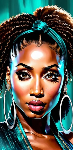 Portrait painting of a (((stunningly beautiful  black woman))), mix of nicki minaj and beyonce knowles, with hazel eyes and brown hair, close-up, 80mm digital photography, bokeh, beauty, flowy teal hair,  zoom from above, sharp focus on eyes, well blended colors,