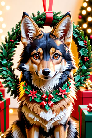 a (((tan and black and brown))) coyote with Christmas wreath in the background, Apoloniasxmasbox,xxmix_girl