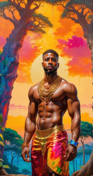 Please create a masterpiece,  (((stunningly handsome African American man))), perfect face, short cut hair, light_brown_eyes, thick lips, epic love, full-body, very muscular build, small waist, standing in front of a baobab tree, overlooking the jungle below, hyper-realistic oil painting,  vibrant colors, traditional african mans garment, gold chains,  multiple gold armbands and bracelets, biopunk,   dystopic,  golden light,  perfect composition, colorful sky, dripping paint,  