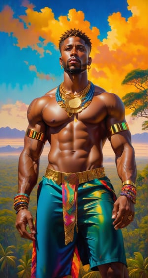 Please create a masterpiece,  (((stunningly handsome African American man))), perfect face, short cut hair, light_brown_eyes, thick lips, epic love, full-body, very muscular build, small waist,  baobab tree, overlooking the jungle below, hyper-realistic oil painting,  vibrant colors, traditional african mans garment, gold chains,  multiple gold armbands and bracelets, biopunk,   dystopic,  golden light,  perfect composition, colorful sky, dripping paint,  