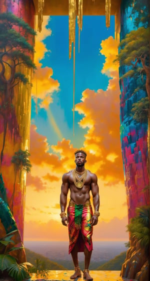 Please create a masterpiece,  (((stunningly handsome African  man))), perfect face, short cut hair, light_brown_eyes, thick lips, epic love, full-body, very muscular build, small waist,  baobab tree, overlooking the jungle below, hyper-realistic oil painting,  vibrant colors, traditional african mans garment, gold chains,  multiple gold armbands and bracelets, biopunk,   dystopic,  golden light,  perfect composition, colorful sky, dripping paint,  