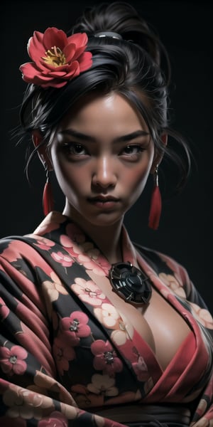 high quality, photorealistic, raw photo, photo portrait of beautiful black woman, samurai, flower in hair, kimono, normal breasts, (black face), red eyes, black hair, perfect lips, sakura, dynamic pose, masterpiece, cowboy shot, highly detailed, highres, japanese mountain background.
Professional photograph by Lee Jeffries.
Perfect light kn subject same as environment,cyberpunk robot
Vivid colours 