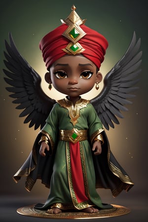chibi, fullbody potrait of (((stunningly handsome african black man))), wearing muslim 2 piece garment red black gold and green fabric, with matching head wrap  
 sitting on a thronefallen angel, chibi style, 3d style, AngelicStyle