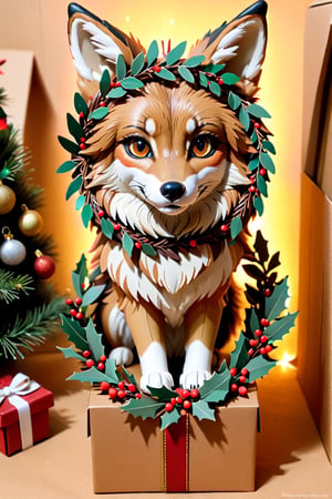 a (((tan and black and brown))) coyote wearing Christmas wreath,Apoloniasxmasbox,xxmix_girl