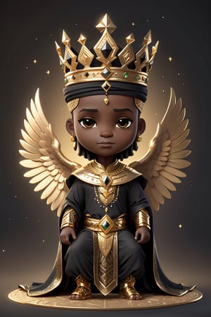 chibi, fullbody potrait of (((stunningly handsome african black man))), wearing muslim 2 piece kinte cloth garment, with a gold crown with diamonds,
 sitting on a thronefallen angel, chibi style, 3d style, AngelicStyle