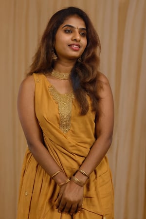 20 year old indian woman,  thick waist, long curly brown hair, gold jewels, front view, movie scene, cinematic, high-quality, ultra-detailed, professionally color graded, professional photography.  ( hard light:1.2), (volumetric:1.2), well-lit, double exposure, award-winning photograph, dramatic lighting, dramatic shadows, illumination, long shot, wide shot, full body, at studio, smart watch on left hand, happy_face, Fast shutter speed, 1/1000 sec shutter, golden_jewelry, embroidered traditional indian dress, , salwar, red cloth, sleeveless, dark background,Mallu