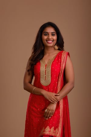 20 year old indian woman,  thick waist, long curly brown hair, gold jewels, front view, movie scene, cinematic, high-quality, ultra-detailed, professionally color graded, professional photography.  ( hard light:1.2), (volumetric:1.2), well-lit, double exposure, award-winning photograph, dramatic lighting, dramatic shadows, illumination, long shot, wide shot, full body, at studio, smart watch on left hand, happy_face, Fast shutter speed, 1/1000 sec shutter, golden_jewelry, embroidered traditional indian dress, , salwar, red cloth, sleeveless