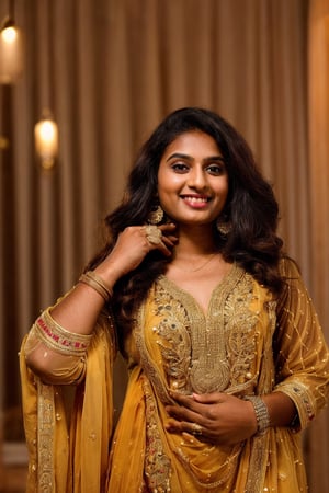 20 year old indian woman,  thick waist, long curly brown hair, gold jewels, front view, movie scene, cinematic, high-quality, ultra-detailed, professionally color graded, professional photography.  ( hard light:1.2), (volumetric:1.2), well-lit, double exposure, award-winning photograph, dramatic lighting, dramatic shadows, illumination, long shot, wide shot, full body, at beach, smart watch on left hand, happy_face, Fast shutter speed, 1/1000 sec shutter, golden_jewelry, embroidered traditional indian dress, , new year night,salwar