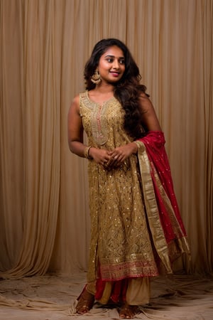 20 year old indian woman,  thick waist, long curly brown hair, gold jewels, front view, movie scene, cinematic, high-quality, ultra-detailed, professionally color graded, professional photography.  ( hard light:1.2), (volumetric:1.2), well-lit, double exposure, award-winning photograph, dramatic lighting, dramatic shadows, illumination, long shot, wide shot, full body, at beach, smart watch on left hand, happy_face, Fast shutter speed, 1/1000 sec shutter, golden_jewelry, embroidered traditional indian dress, , new year night,salwar