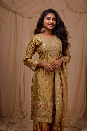 20 year old indian woman,  thick waist, long curly brown hair, gold jewels, front view, movie scene, cinematic, high-quality, ultra-detailed, professionally color graded, professional photography.  ( hard light:1.2), (volumetric:1.2), well-lit, double exposure, award-winning photograph, dramatic lighting, dramatic shadows, illumination, long shot, wide shot, full body, at beach, smart watch on left hand, happy_face, Fast shutter speed, 1/1000 sec shutter, golden_jewelry, embroidered traditional indian dress, , new year night,salwar, hand_up