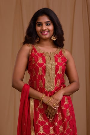 20 year old indian woman,  thick waist, long curly brown hair, gold jewels, front view, movie scene, cinematic, high-quality, ultra-detailed, professionally color graded, professional photography.  ( hard light:1.2), (volumetric:1.2), well-lit, double exposure, award-winning photograph, dramatic lighting, dramatic shadows, illumination, long shot, wide shot, full body, at studio, smart watch on left hand, happy_face, Fast shutter speed, 1/1000 sec shutter, golden_jewelry, embroidered traditional indian dress, , salwar, red cloth, sleeveless, dark background