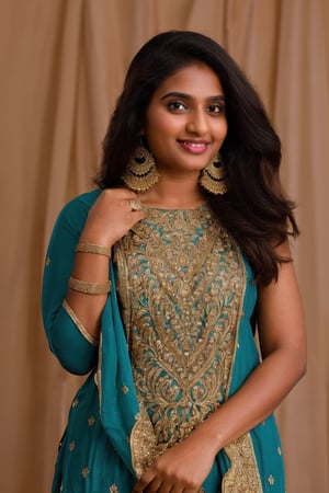 20 year old indian woman,  thick waist, long curly brown hair, gold jewels, front view, movie scene, cinematic, high-quality, ultra-detailed, professionally color graded, professional photography.  ( hard light:1.2), (volumetric:1.2), well-lit, double exposure, award-winning photograph, dramatic lighting, dramatic shadows, illumination, long shot, wide shot, full body, at studio, smart watch on left hand, happy_face, Fast shutter speed, 1/1000 sec shutter, golden_jewelry, embroidered traditional indian dress, , salwar, hand_up, sleeveless