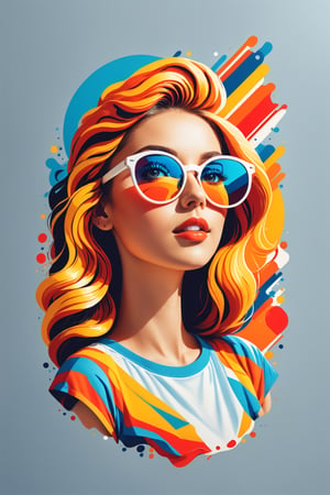 artwork of t-shirt graphic design, flat design of one retro ,retro girl, colorfull shades, highly detailed clean, vector image, photorealistic masterpiece, professional photography, simple sunrise backdrop , flat white background, isometric, vibrant vector((white background)),flat design. color splash,