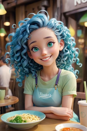 cute girl sit in a noodles shop, smile, kawaii, fantasy, dreamlike, surrealism, (dynamic pose), super cute, 8k, 3D, blender, CGI, highly detailed, intricate, award-wining, cinematic, beautiful light, 100mm, blue curly hair, green eyes
