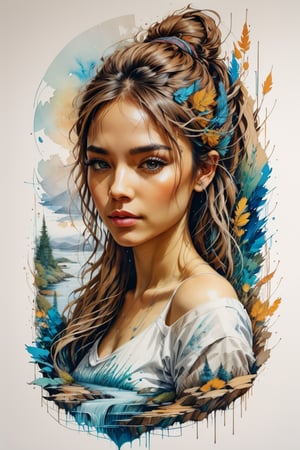 ((amazing quality, award winning, intricately detailed, extremely detailed 8K, masterpiece, painting)), ((style of Carne Griffiths)), sketch ink artwork of beautiful woman, river background,Leonardo Style, illustration,tshirt design,oni style