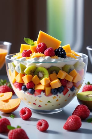 fruit salad with yogurt sauce and grated cheese topping in a transparent bowl, 8k, 3D, blender, CGI, highly detailed, intricate, award-wining, cinematic, beautiful light, 100mm
,Movie Still