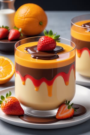 orange milk pudding with chocolate and strawberry topping, 8k, 3D, blender, CGI, highly detailed, intricate, award-wining, cinematic, beautiful light, 100mm
,Movie Still