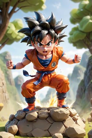 1boy, son goku power up floating above the ground, ground start breaking, stone and peeble floating, energy field emited from his body, viewed from bellow, camera view, dynamic field of view, cartoon camera style, panoramic, ultra wide angle, spherical perspective view, action cam