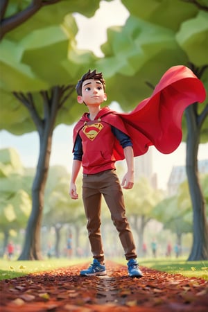 a boy with red capefloating abovethe ground at the park, viewed from bellow, camera view, dynamic field of view, cartoon camera style, panoramic, ultra wide angle, spherical perspective view, action cam