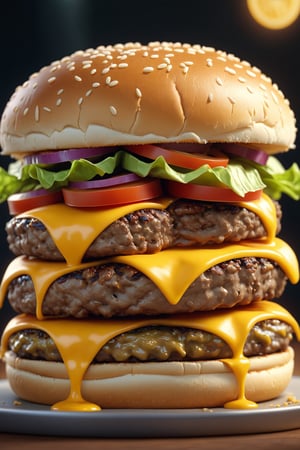 yummy double cheese burger, 8k, 3D, blender, CGI, highly detailed, intricate, award-wining, cinematic, beautiful light, 100mm
,Movie Still