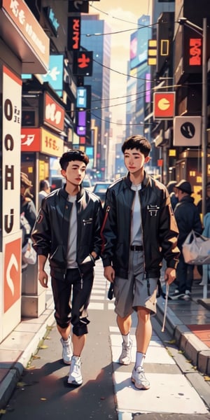 2 boys walking on the street wearing cyberpunk cloths