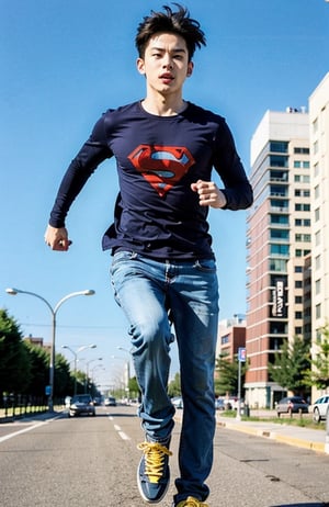 boy running with super power, jeans