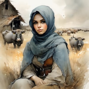 beautiful girl, big natural breast, curvy, hijab , farm, big eyes, freedom, soul, digital illustration, approaching perfection, dynamic, highly detailed, watercolor painting, artstation, concept art, sharp focus, in the style of artists like Russ Mills, Sakimichan, Wlop, Loish, Artgerm, Darek Zabrocki, and Jean-Baptiste Monge, sitting,