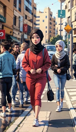 beautiful hijab palestine girl, is walking at the street
