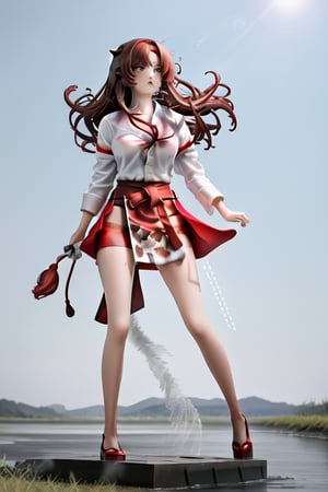 (full body composition), Beautiful Korean Goddess, Long brown hair, red cow hide loin cloth, very sexy, Standing in river , Hair blowing in wind , Hot sunny day, full body, Au Naturel, no shirt (full body), 