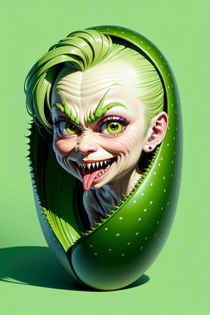 (masterpiece): a cucumber, short green hairs, (eyes, mouth, tiny hands, tiny legs:1.2), evil, Disney style, chromatic background, insanely detailed, hyper detailed, trending, award-winning, concept art, digital illustration.