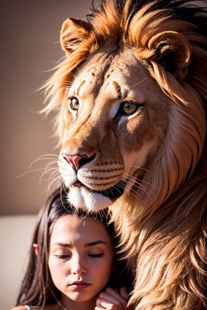 A realistic photot of a majestic lion and an enchanting young girl, portrayed with the graceful brushstrokes of ink wash painting. The artwork captures their deep connection, blending intricate details with the fluidity and simplicity of ink, creating a harmonious composition. The lion's strength and presence harmonize with the girl's innocence and beauty