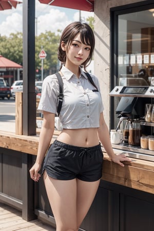 best quality, highres,wearing shorts una coffee waitress shop outdoors, smooth lighting ,nsfw,8k,tracen training uniform transperant,
