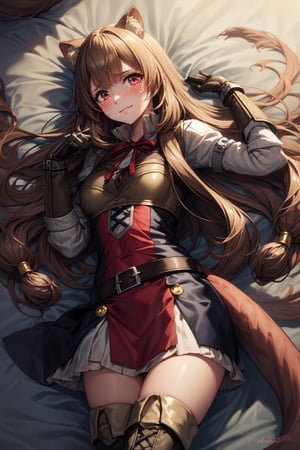 (masterpiece, best quality:1.2), cowboy shot, solo, 1girl, raphtalia, smile, looking at viewer, long sleeves, gloves, thigh boots, belt, tail,Lost in battle, torn clothes, unwilling expression, crying, lying on the floor, with a lot of dust on the body.