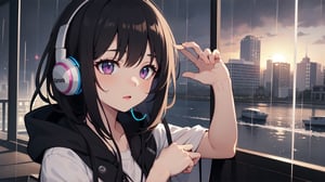 1girl, listening to music, with gaming headphones, chill vibes, rumor city background, rain, nostalgic
