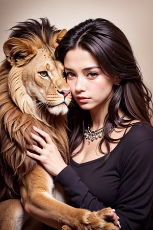 A realistic fusion of a majestic lion and an enchanting young girl, portrayed with the graceful brushstrokes of ink wash painting. The artwork captures their deep connection, blending intricate details with the fluidity and simplicity of ink, creating a harmonious composition. The lion's strength and presence harmonize with the girl's innocence and beauty