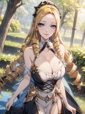 (solution epsilon), (masterpiece:1.3), ((halter dress)),(long skirt), 1girl, solo, eye focus, (1girl), (solo), cowboy_shot, beautiful detailed eyes, symmetric eyes, narrow eyes, (blue eyes), expressive eyes, pretty eyelashes, glossy eyes, (blonde hair), (drill hair), 1girl, evil smile , looking_at_viewer, (large breasts), cleavage, (night),  outdoors, (park), scenery, trees