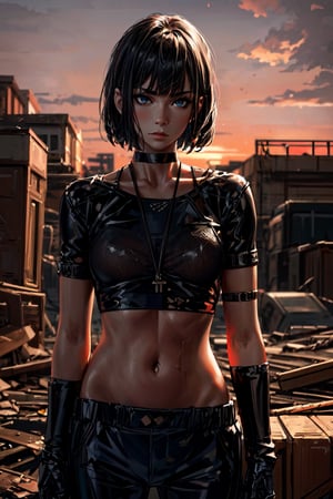 high_resolution,
female_human,
(black_hair),
(blue_eyes),
short_hair,
random_clothing,
tactical clothing,
tactical armor,
pale_skin,
fit,
post-apocalyptic,
random_pose,
bare_midriff,
choker,
sunset,
Science Fiction,