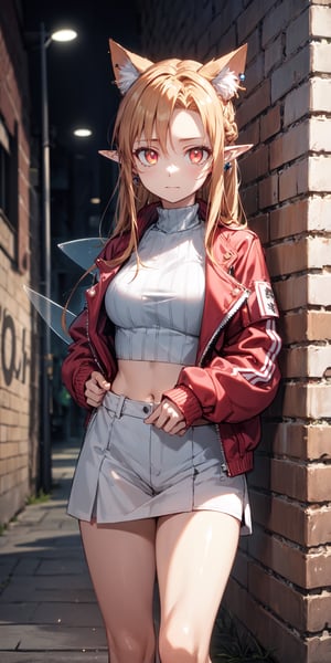 masterpiece, best quality, absurdres, perfect anatomy, 1girl, solo, earrings, sharp eyes, choker, neon shirt, open jacket, turtleneck sweater, night, against wall, brick wall, graffiti, dim lighting, alley, looking at viewer, cats ears,titania,midriff,fairy wings, cat girls, glowing eyes,pointy ears,zodiac_asuna