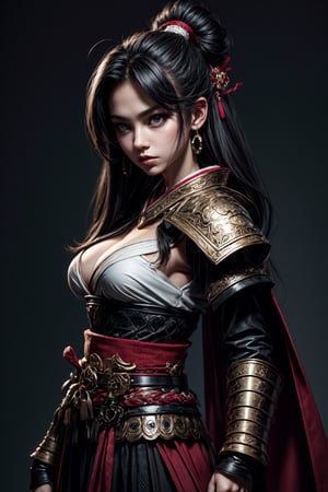  Perfect face, powerful pose, full body of samurai lady, girl , sexy samurai armor, natural hands , perfect hand , red eyes, , black hair, 
