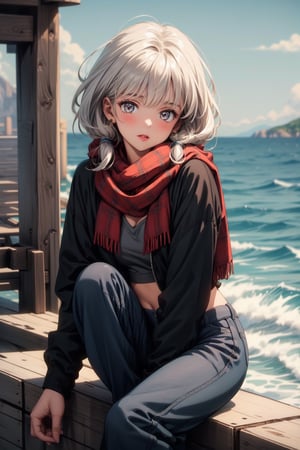 (masterpiece, best quality:1.4), ultra-detailed
1girl,white hair, black boot , short, crop blue,scarf,normal breast,