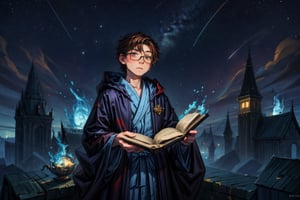 masterpice , HDR , oilpinting , portrait , man , boy , glasses ,  king , crown , robe , holding a book, epic , 
 , books ,high_resolution , high detail , looking at viewer , blue flames , sharp eyes , stars , sky, , fansty world,