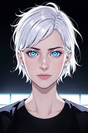 (photorealistic:1.5), closed mouth, realistic skin, black dress, short hair, perfect face, detailed pupil, blue eye:1.5, glowing eye:0.5,bright eye:1.5, half body, white haired, solo, standing,Detailedface,satoru gojo,white hair,blue eyes,short hair